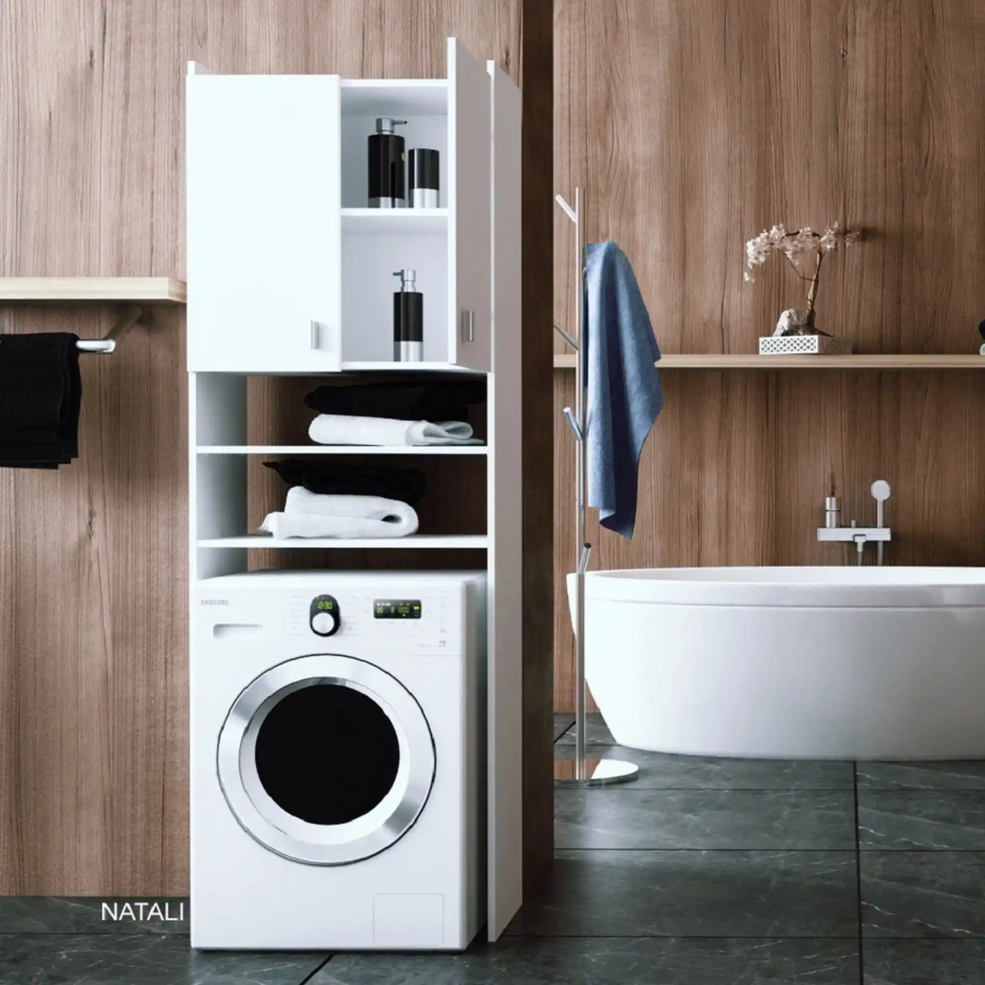 Dulap pentru masina de spalat NATALI, alb, PAL melaminat, cu 2 usi, 64x32x190 cm