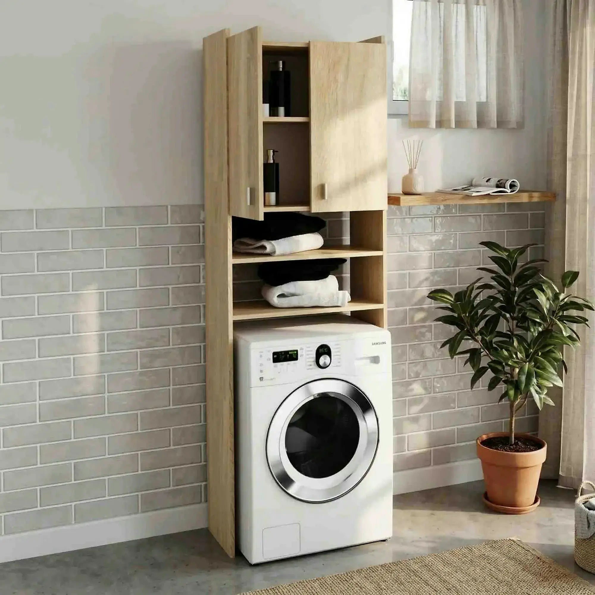 Dulap pentru masina de spalat NATALI, stejar sonoma, PAL melaminat, cu 2 usi, 64x32x190 cm