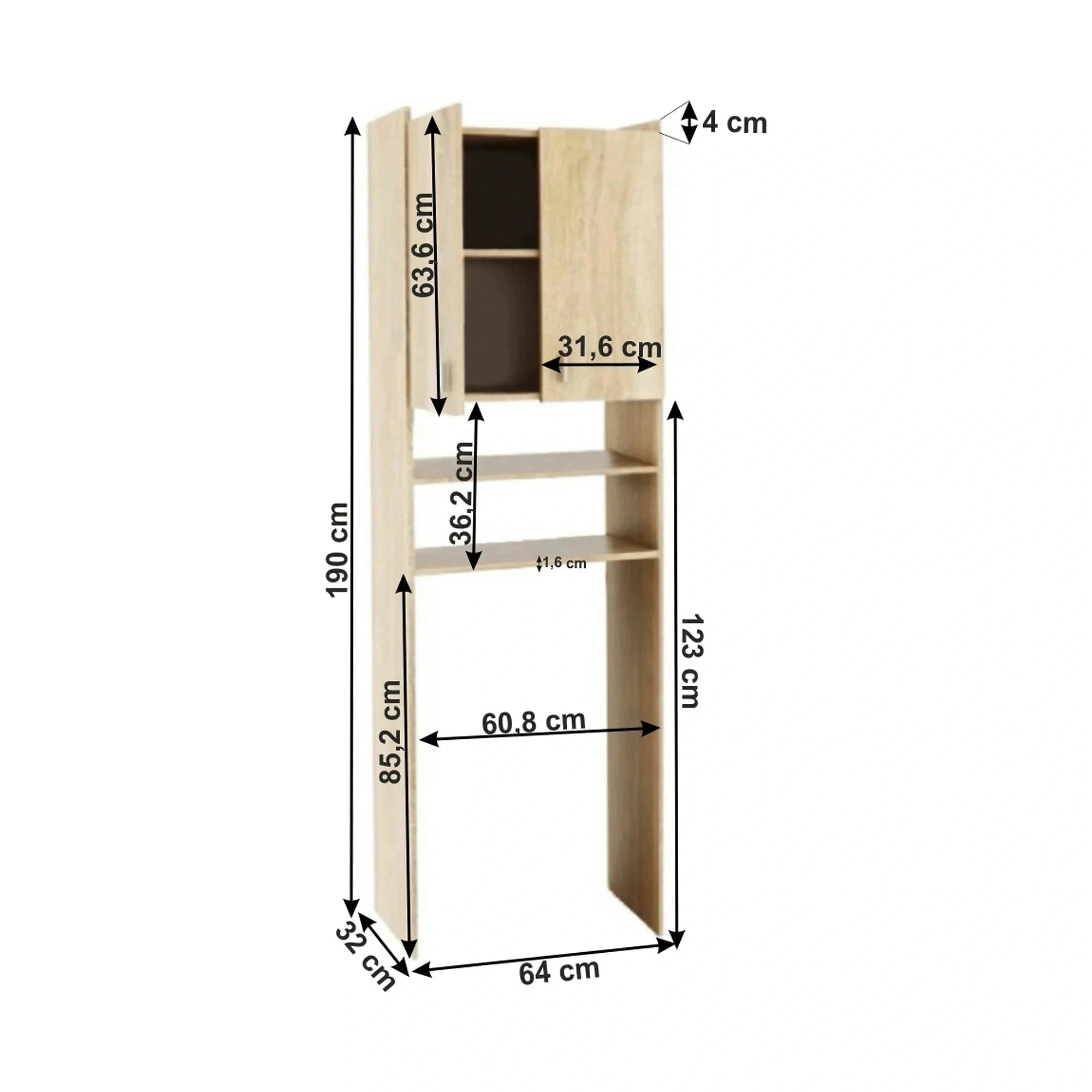 Dulap pentru masina de spalat NATALI, stejar sonoma, PAL melaminat, cu 2 usi, 64x32x190 cm