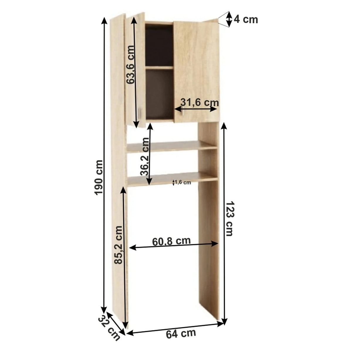 Dulap pentru masina de spalat NATALI, stejar sonoma, PAL melaminat, cu 2 usi, 64x32x190 cm