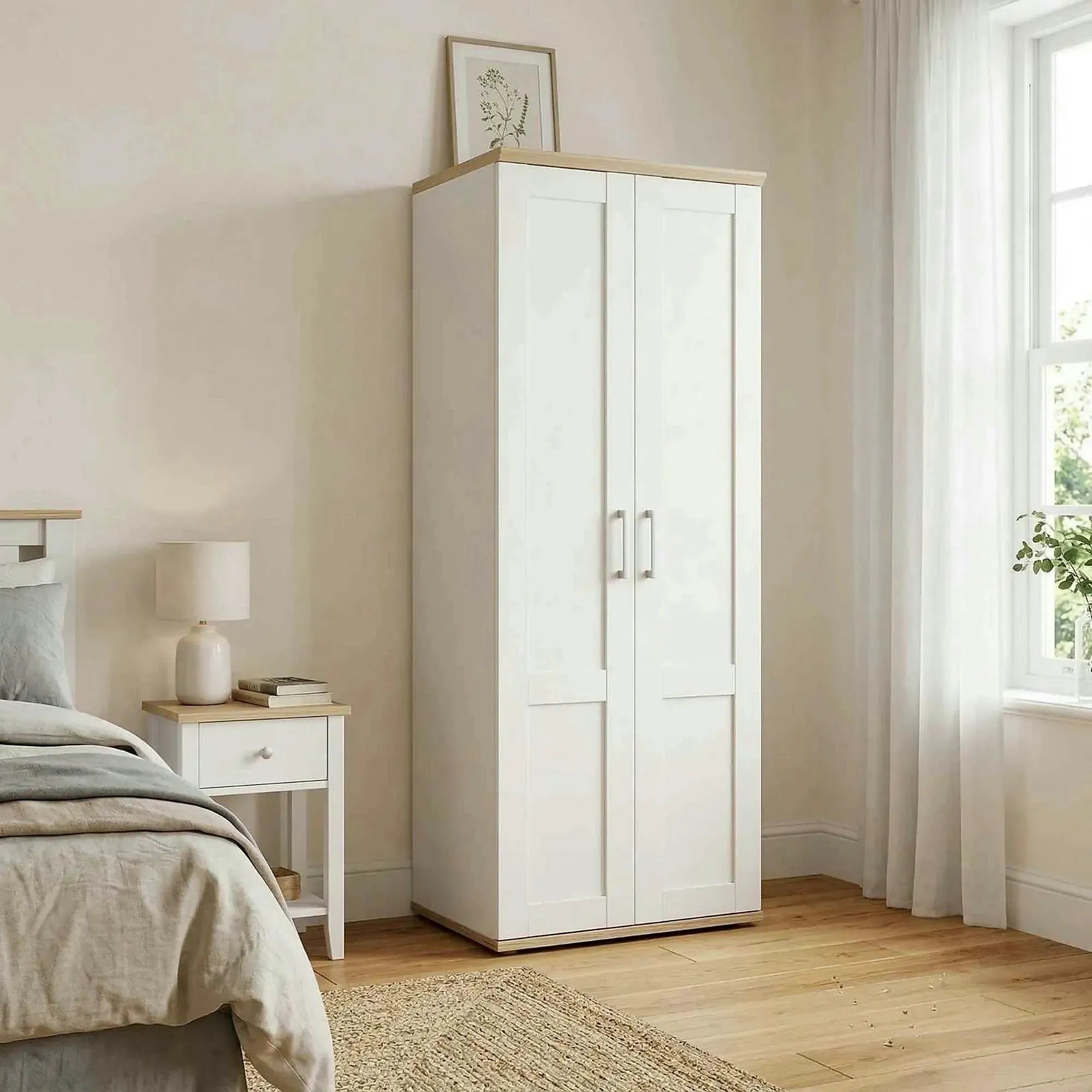 Dulap PROVENSAL, alb/stejar San Remo, DTD laminat, cu 2 usi, 76x39x201 cm