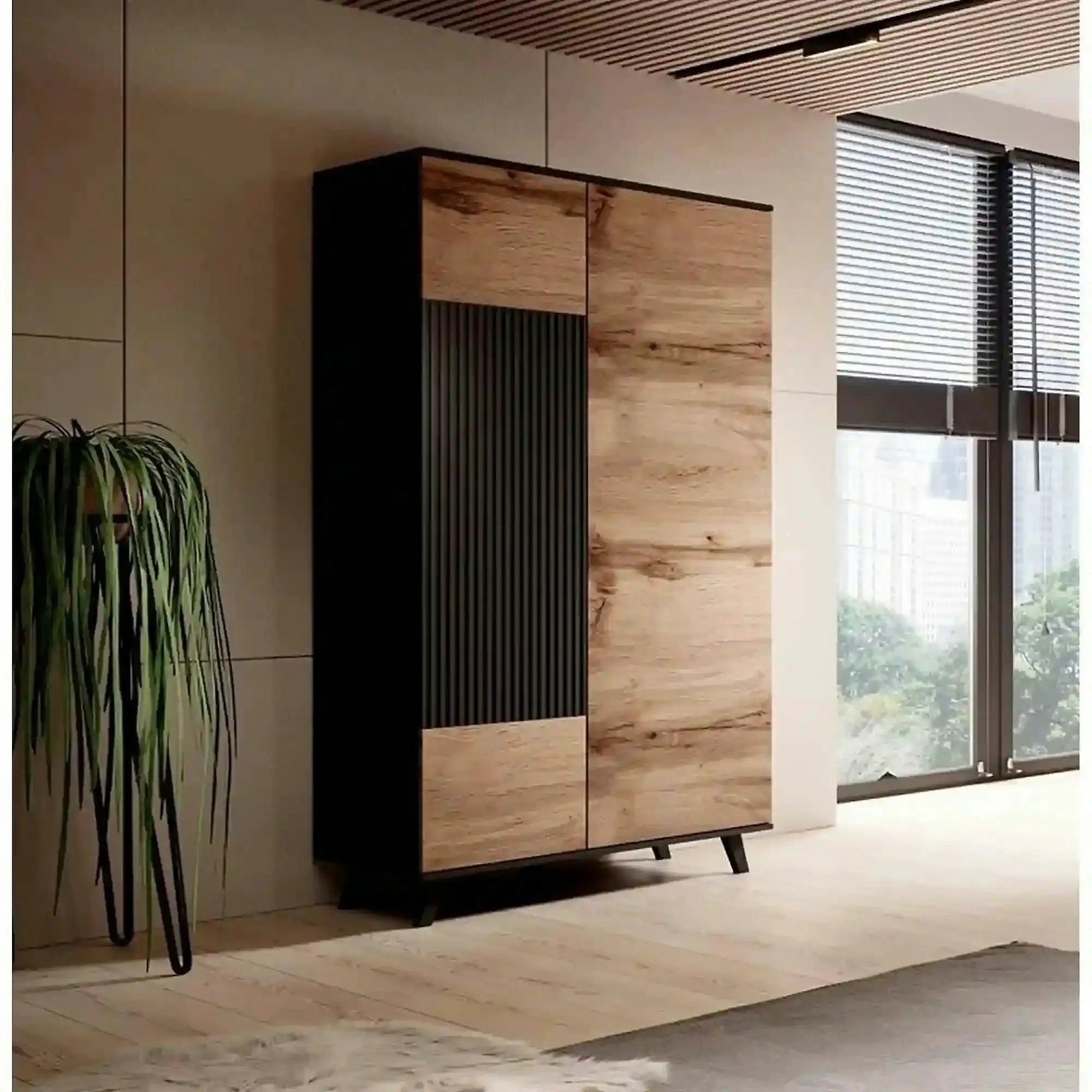 Dulap RANDOM, stejar wotan/negru, PAL furniruit, cu 2 usi, 90x55x182 cm