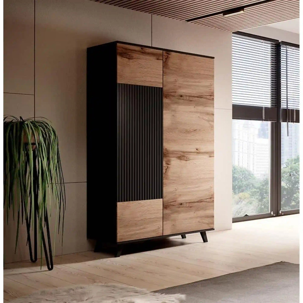 Dulap RANDOM, stejar wotan/negru, PAL furniruit, cu 2 usi, 90x55x182 cm