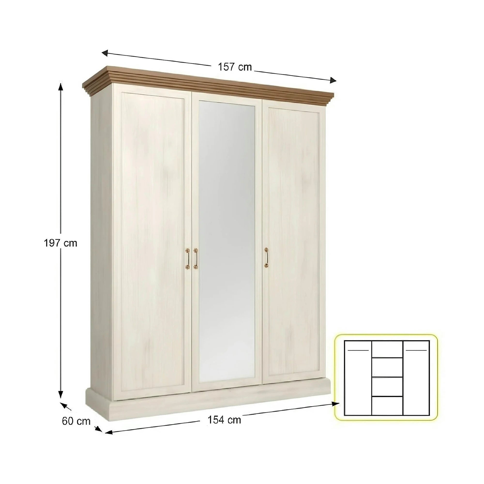 Dulap ROYAL S3D, pin nordic/stejar salbatic, PAL melaminat, cu 3 usi, 154x60x197 cm