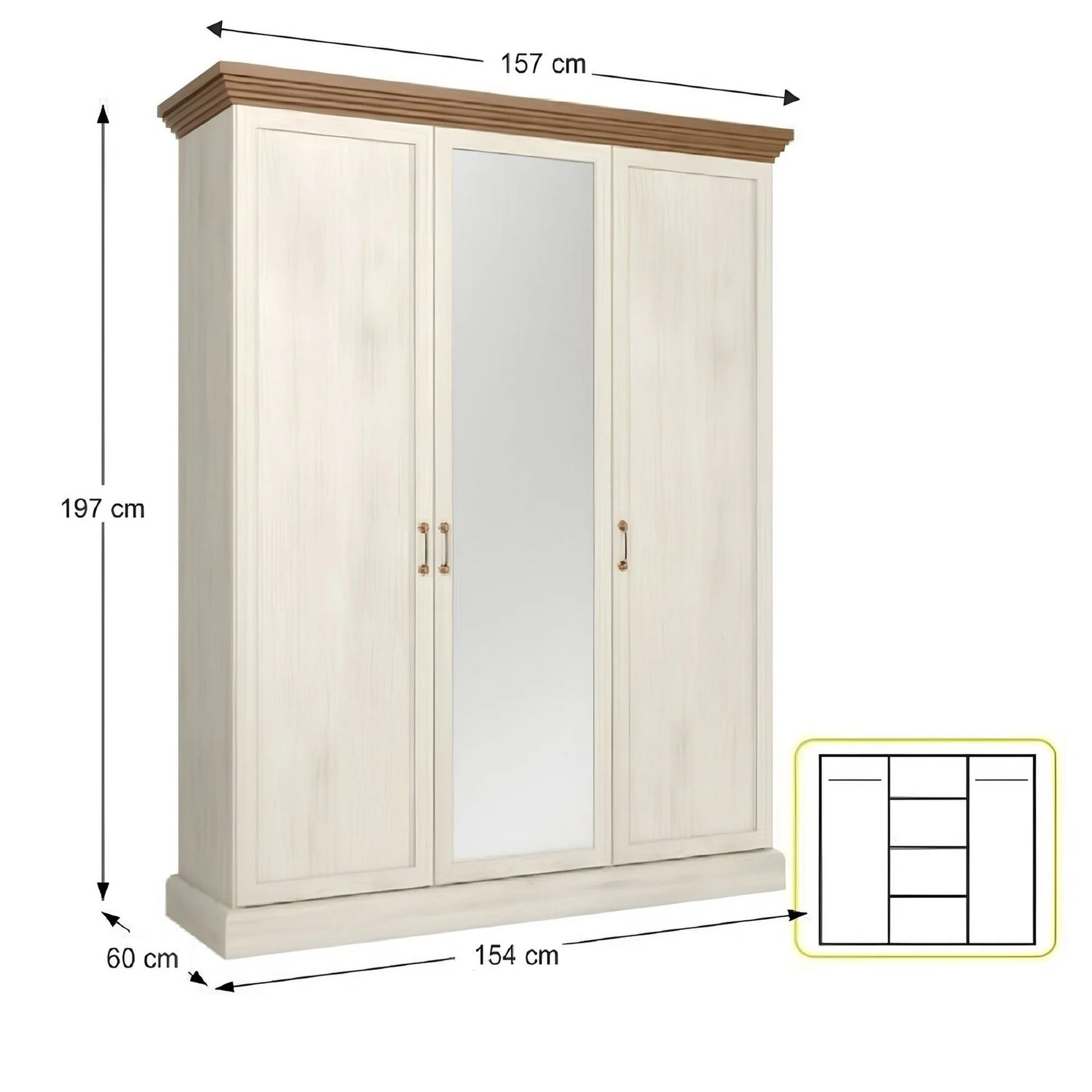 Dulap ROYAL S3D, pin nordic/stejar salbatic, PAL melaminat, cu 3 usi, 154x60x197 cm