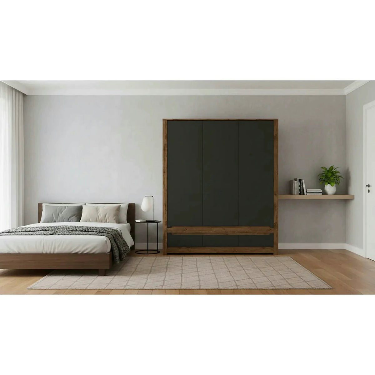 Dulap RUSO, negru mat/stejar, PAL laminat, cu 3 usi si 3 sertare, 179x61x205 cm