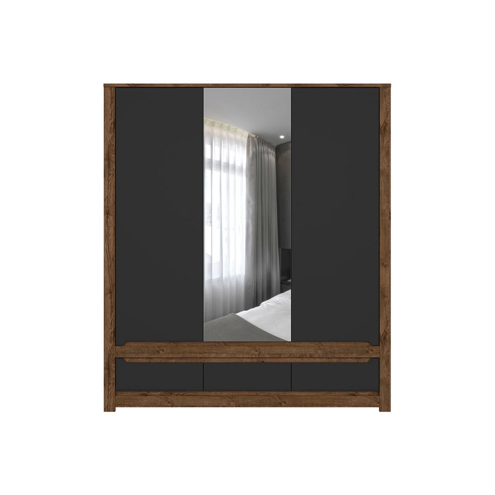 Dulap RUSO, negru mat/stejar, PAL laminat, cu 3 usi si 3 sertare, cu oglinda, 179x61x205 cm