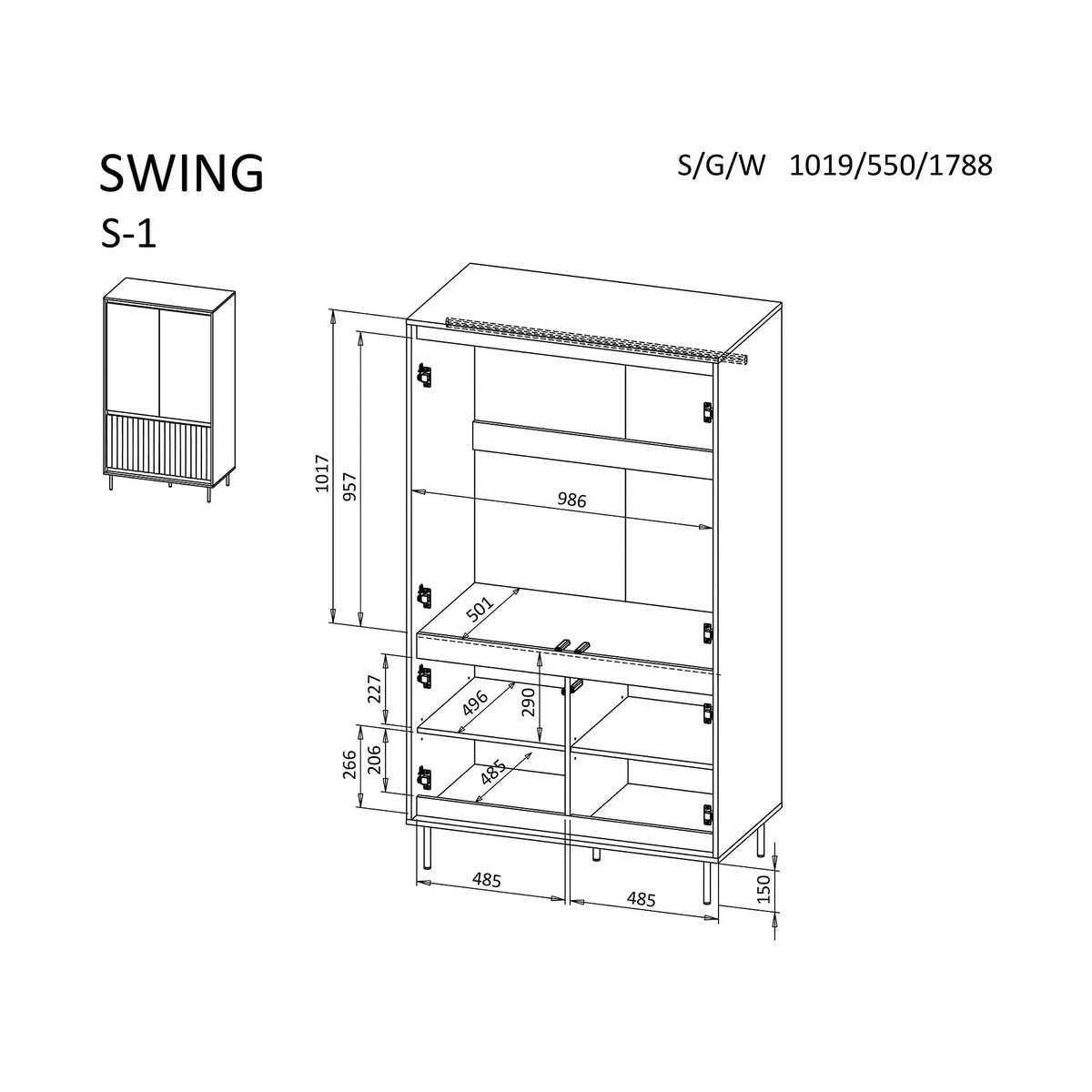Dulap SWING S-1, nuc/negru, PAL laminat/metal, cu 4 usi, 102x55x179 cm