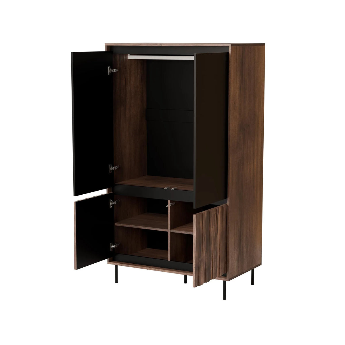 Dulap SWING S-1, nuc/negru, PAL laminat/metal, cu 4 usi, 102x55x179 cm