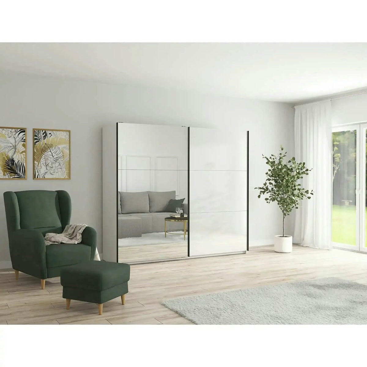 Dulap TETRIX, alb lucios, PAL, cu 2 usi si oglinda, 183x60x196 cm
