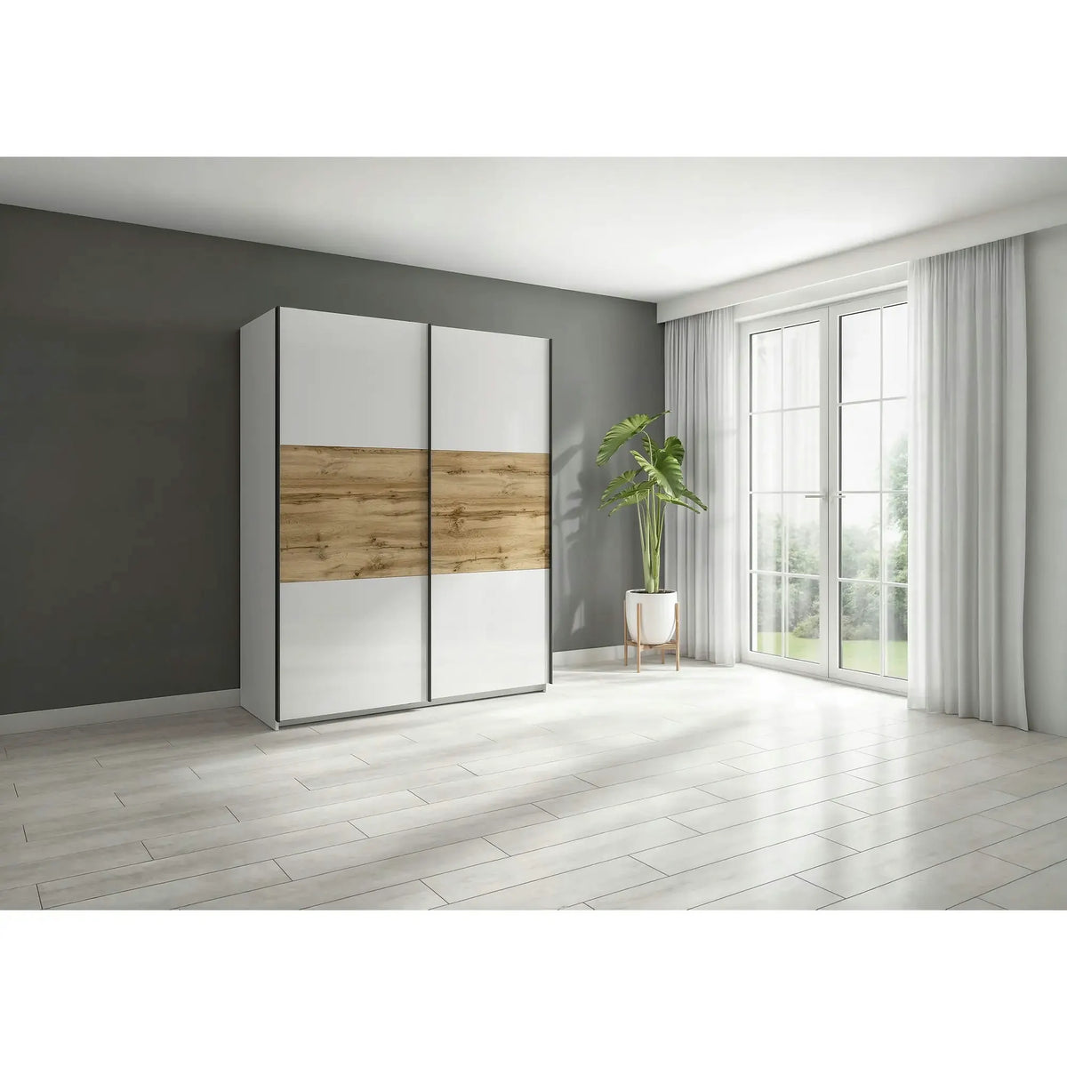 Dulap TETRIX, alb lucios/stejar wotan, PAL, cu 2 usi, 154x60x196 cm