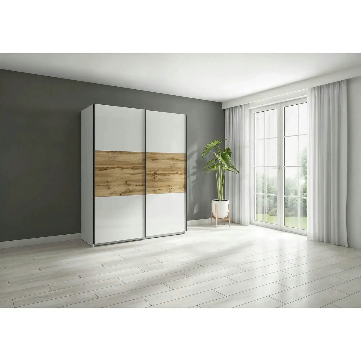 Dulap TETRIX, alb lucios/stejar wotan, PAL, cu 2 usi, 154x60x196 cm
