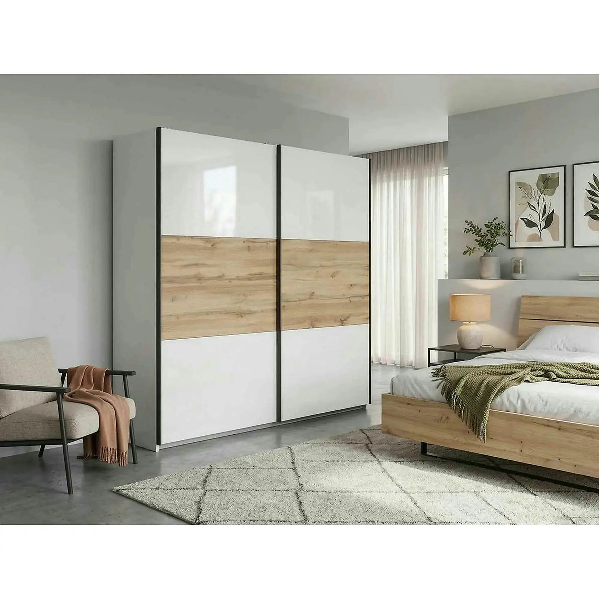Dulap TETRIX, alb lucios/stejar wotan, PAL, cu 2 usi, 183x60x196 cm