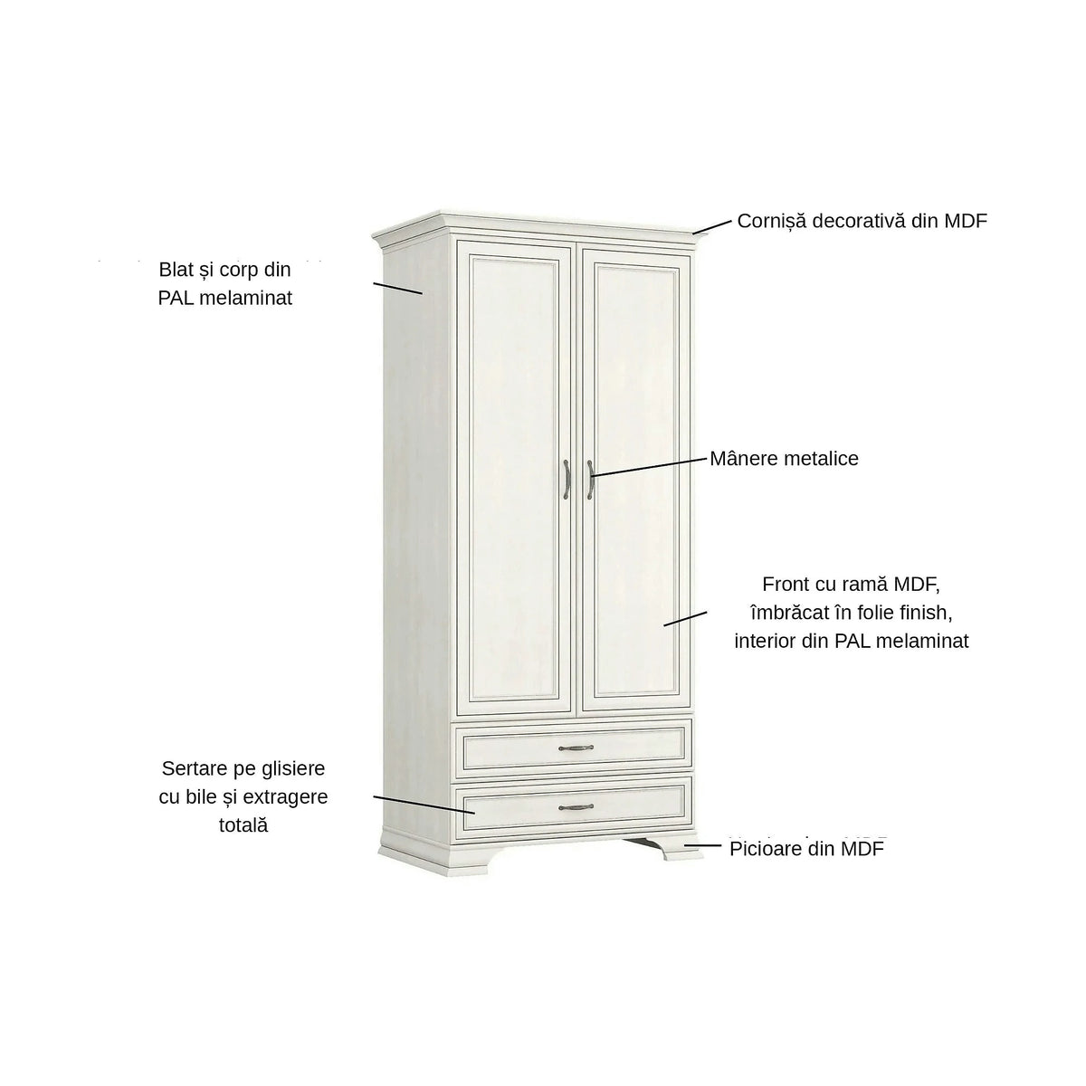 Dulap TIFFANY II, grej, PAL laminat, cu 2 usi si 2 sertare, 99x62x212 cm