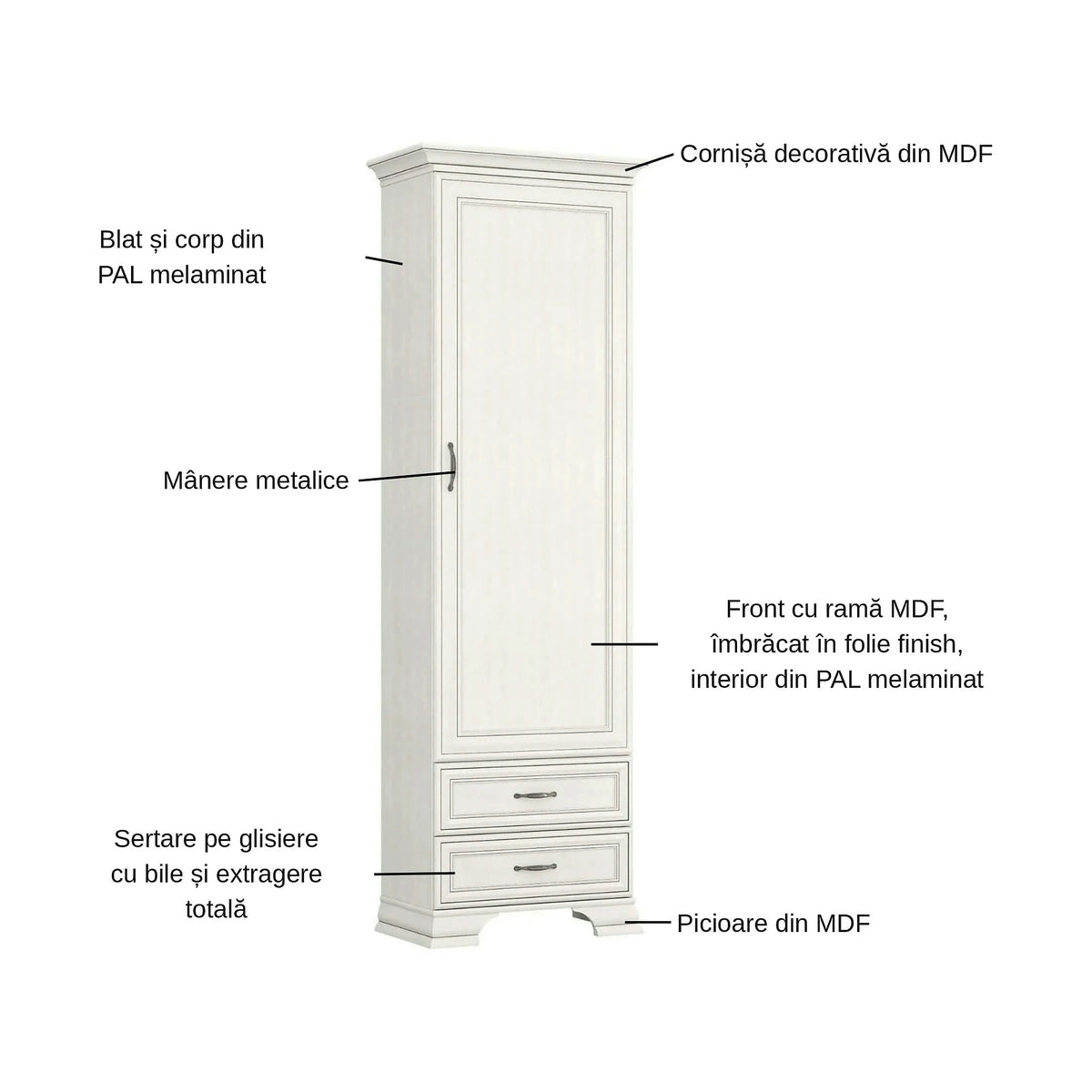Dulap TIFFANY II, grej, PAL laminat, cu o usa si 2 sertare, 69x40x212 cm