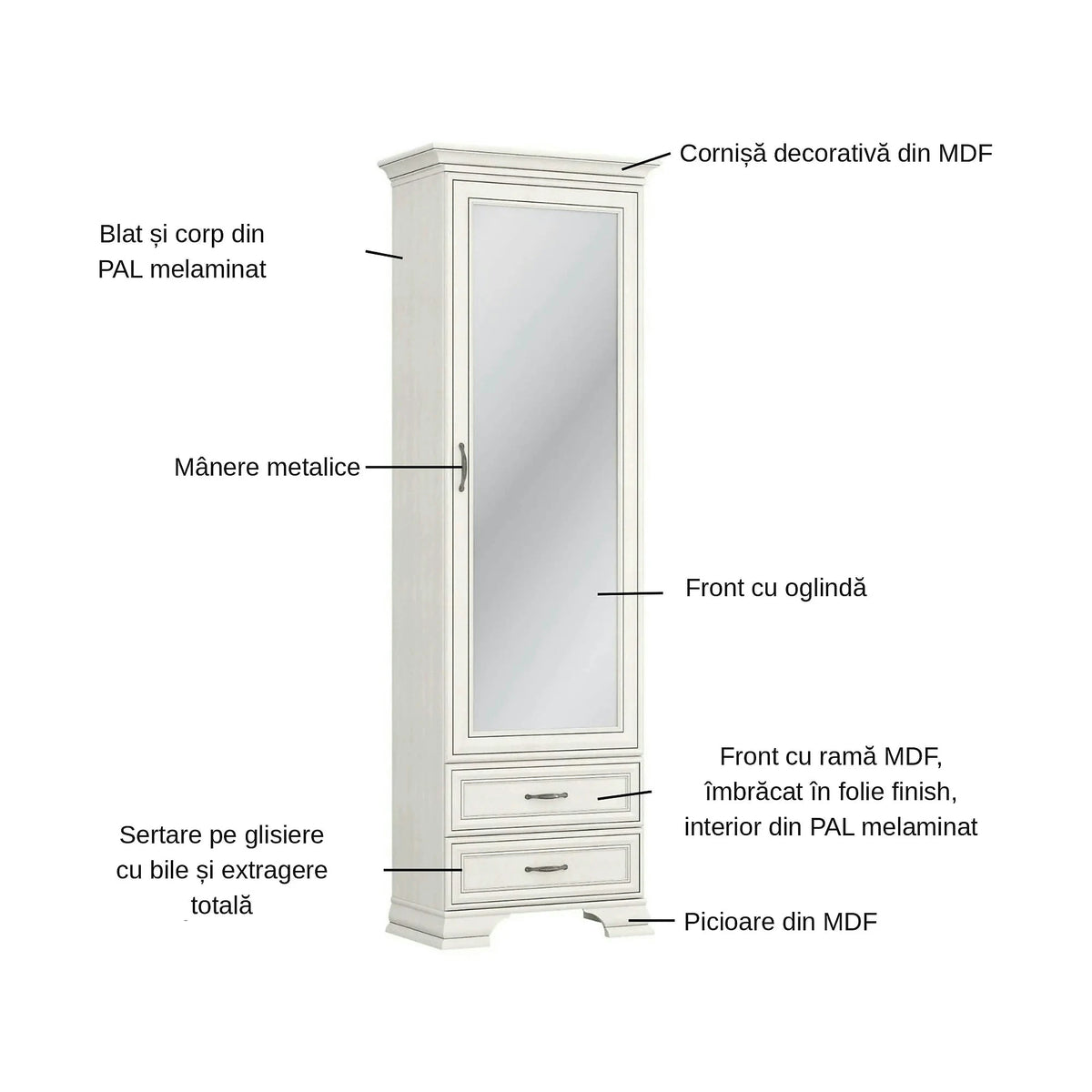 Dulap TIFFANY II, grej, PAL laminat, cu o usa si 2 sertare, cu oglinda, 69x40x212 cm