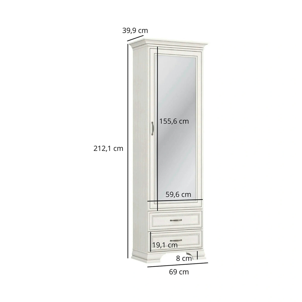 Dulap TIFFANY II, grej, PAL laminat, cu o usa si 2 sertare, cu oglinda, 69x40x212 cm