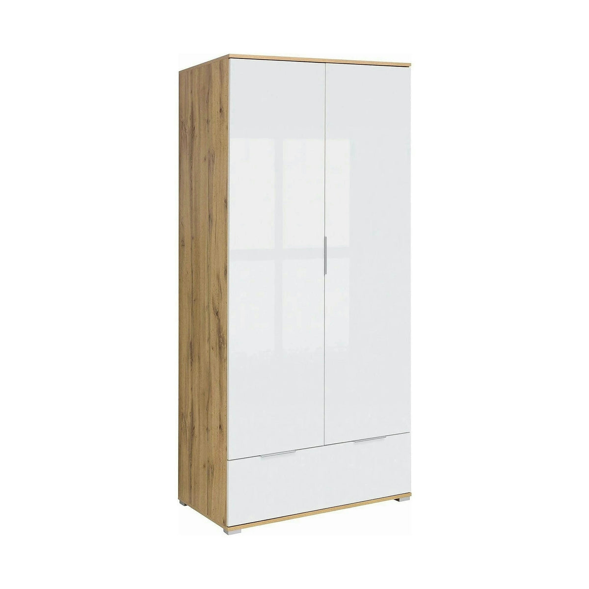 Dulap ZELE, alb lucios/stejar wotan, PAL, cu 2 usi, 91x57x195 cm