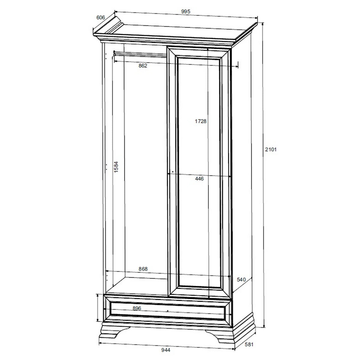 Dulap vintage alb IDENTO, alb, cu 2 usi si un sertar, 100x58x210 cm