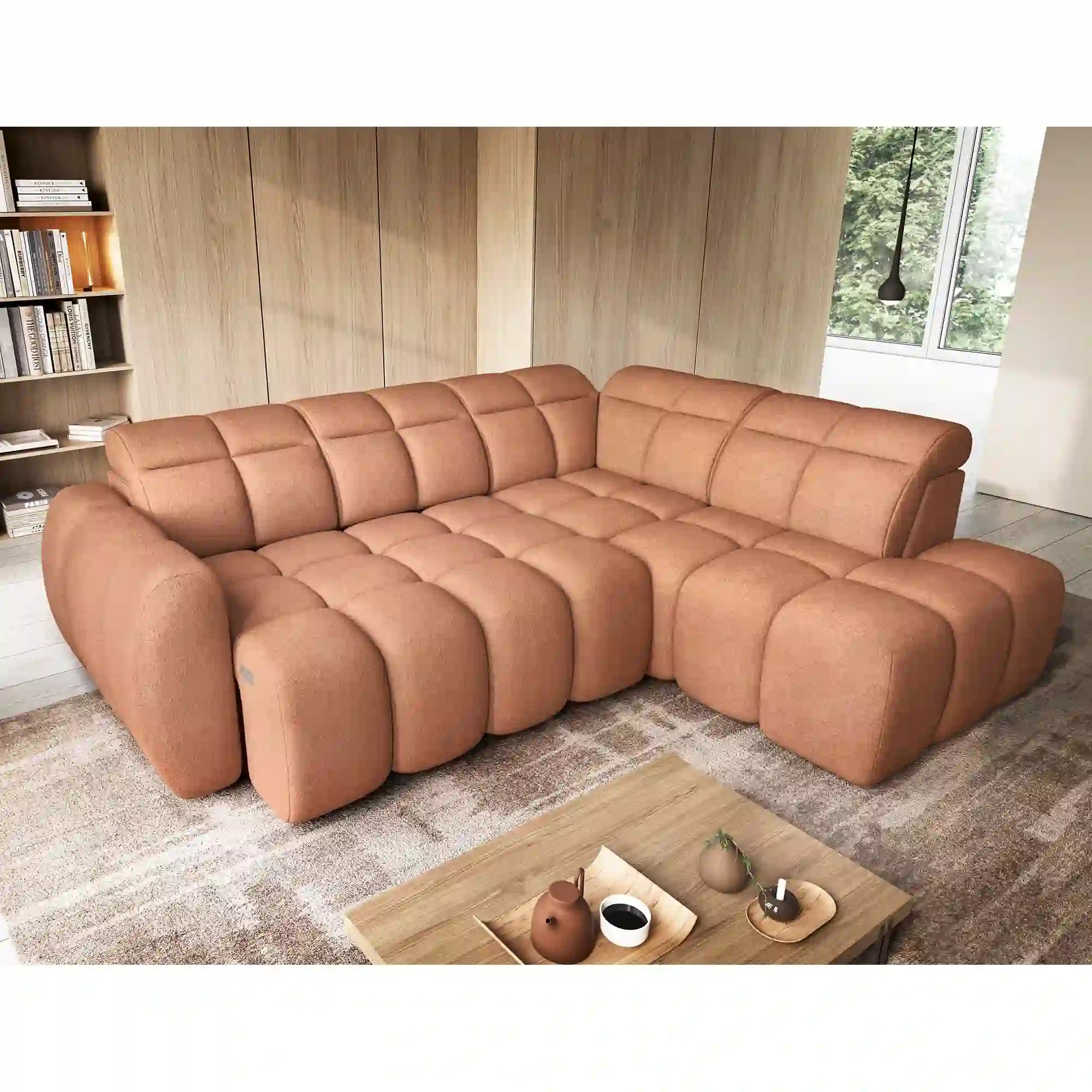 Coltar FALCONN, sezlong dreapta, stofa clasica somon - Xillar 24, cu reglaj electric, tetiere reglabile si lada depozitare, 258x208x87 cm