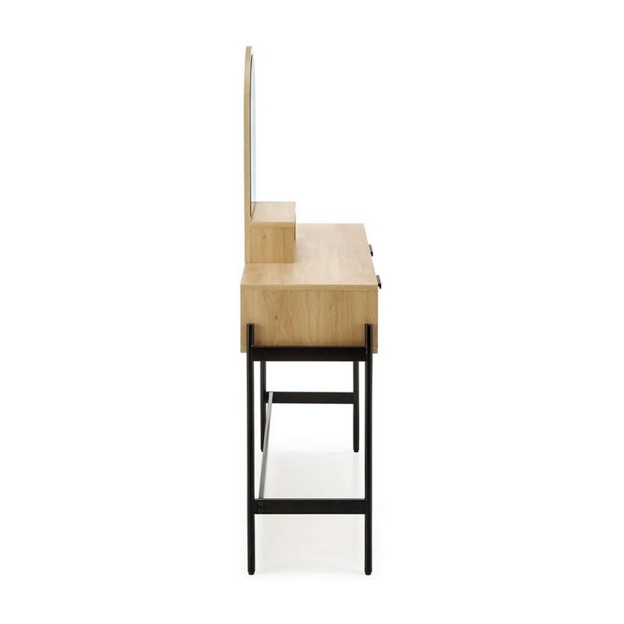 Masa de toaleta CARMEN, stejar natural/negru, PAL melaminat/rattan, cu oglinda, 104x35x136 cm