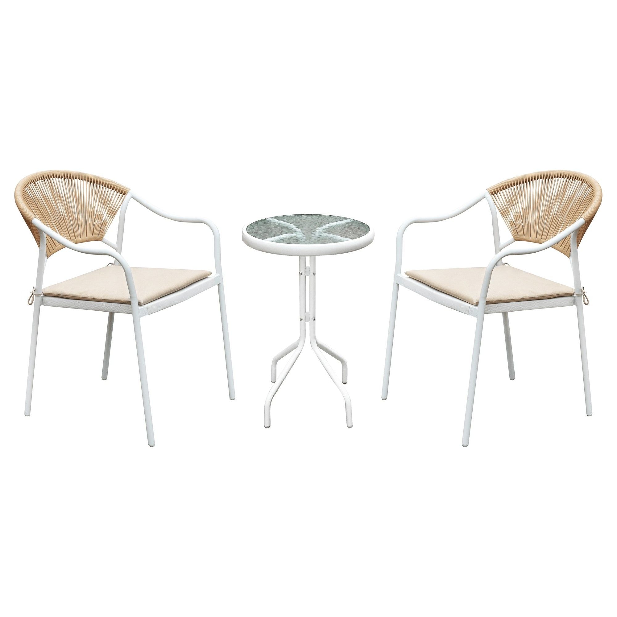 Set gradina ELIOR, alb/bej, ratan/sticla/metal, cu masuta si 2 scaune
