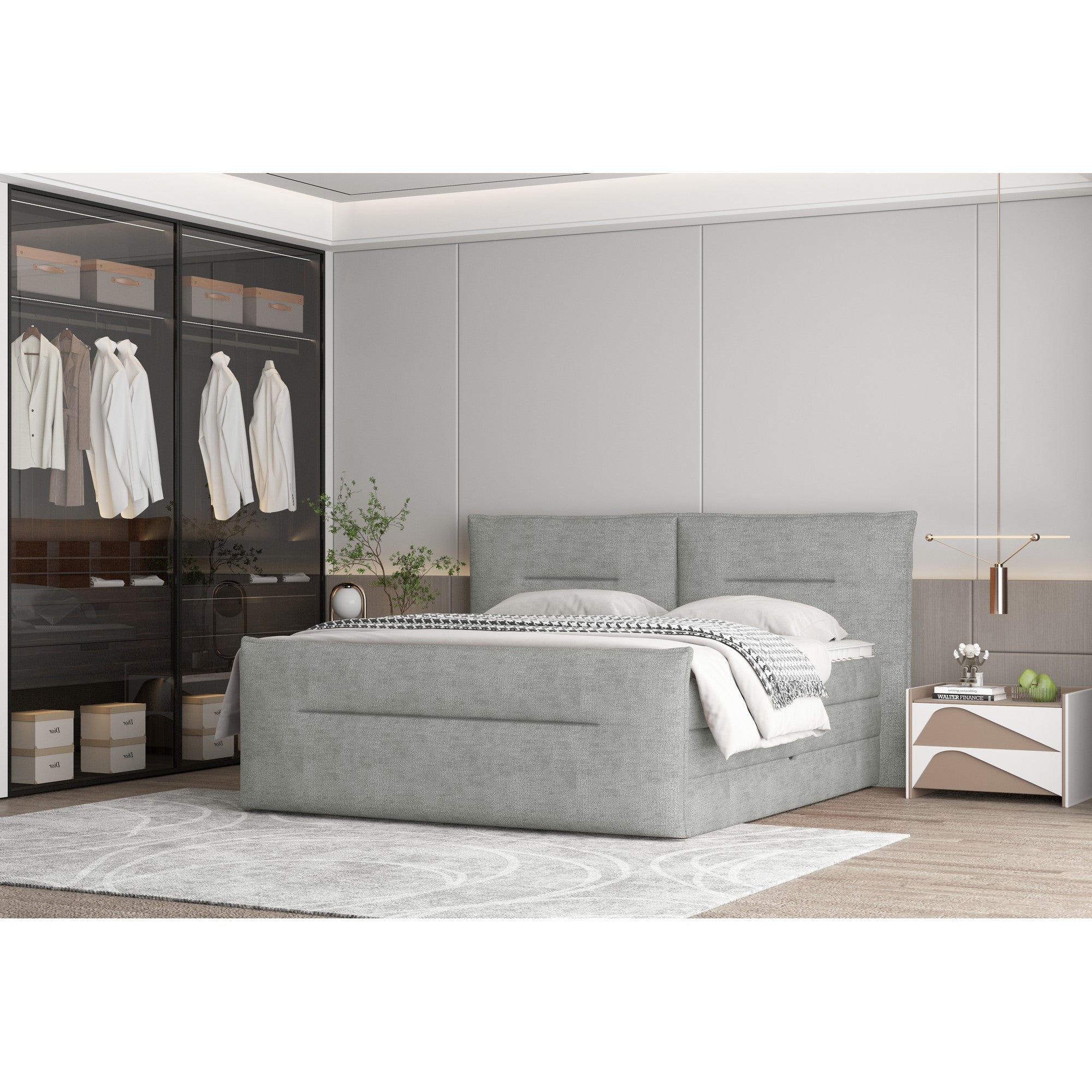 Pat boxspring ELMA 180x200, personalizabil materiale Gama Premium, cu spatiu depozitare, saltele si topper