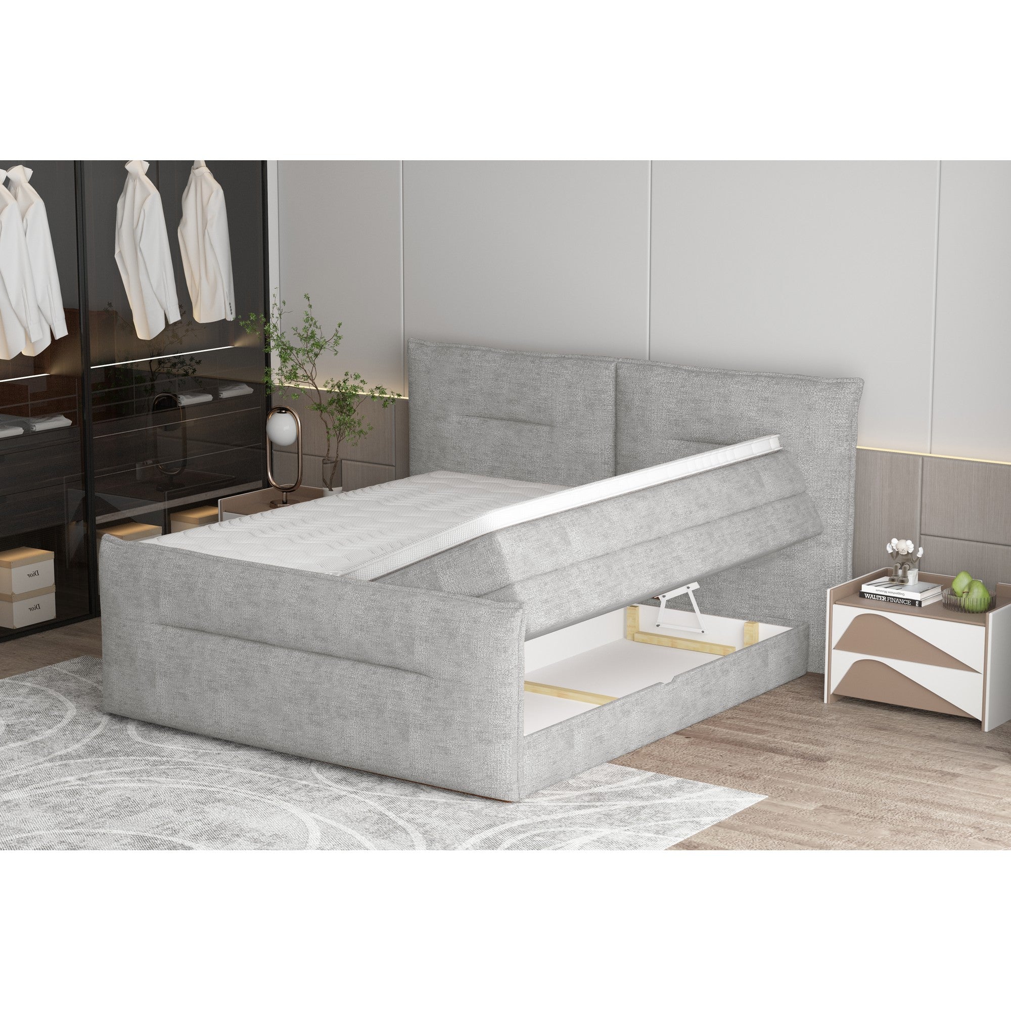 Pat boxspring ELMA 180x200, personalizabil materiale Gama Premium, cu spatiu depozitare, saltele si topper