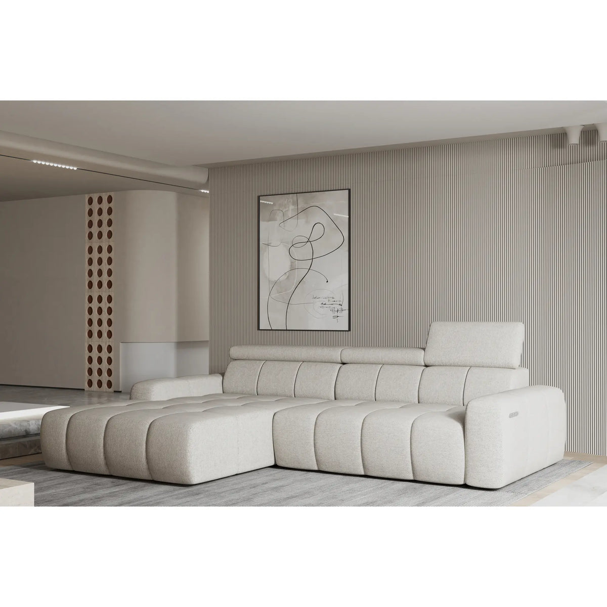 Coltar ENZO S, personalizabil materiale gama Oferta Avantaj, cu lada depozitare si reglaj electric, 282x177x107 cm