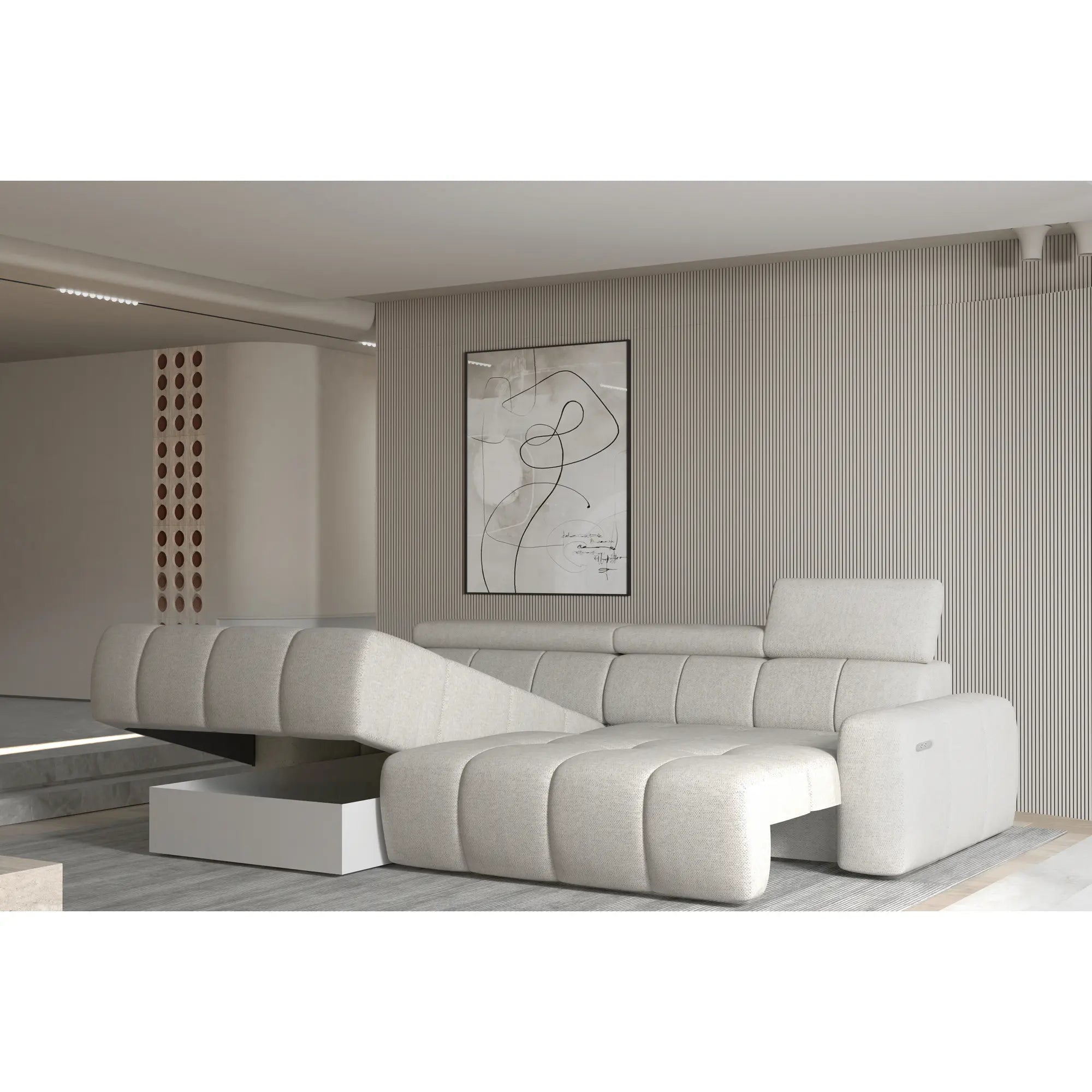 Coltar ENZO S, personalizabil materiale Gama Premium, cu lada depozitare si reglaj electric, 282x177x107 cm