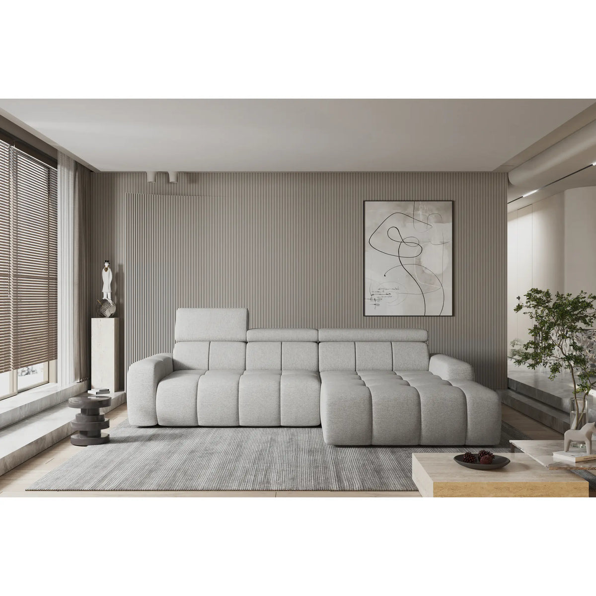 Coltar ENZO S, personalizabil materiale Gama Premium, cu lada depozitare si reglaj electric, 282x177x107 cm