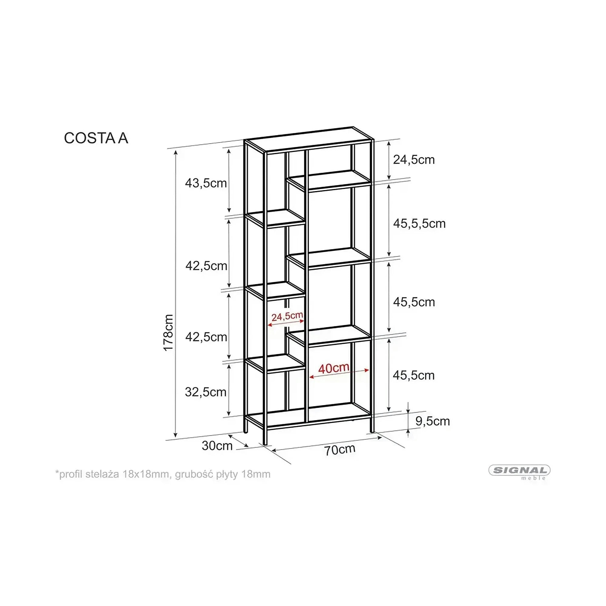 Etajera COSTA A, negru mat, PAL laminat/metal, 70x30x178 cm