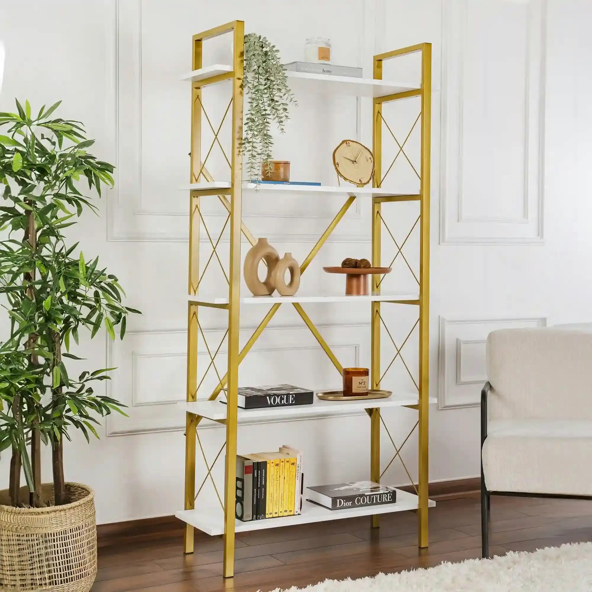 Etajera ELYSIAN, alb/auriu, PAL/metal, 90x34x180 cm