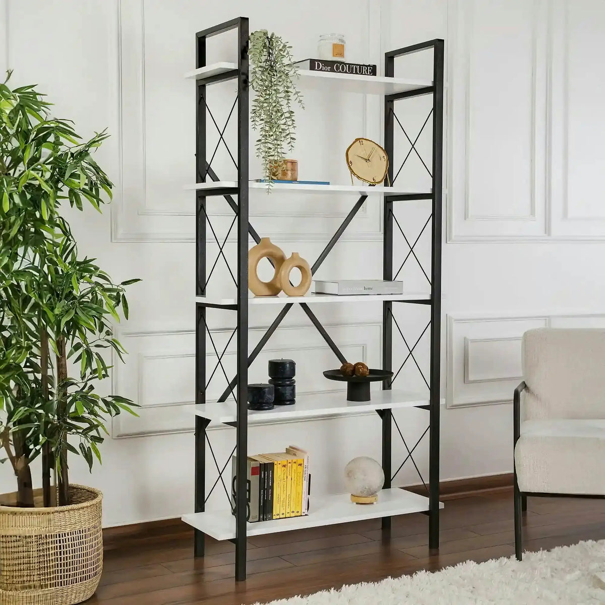 Etajera ELYSIAN, alb/negru, PAL/metal, 90x34x180 cm