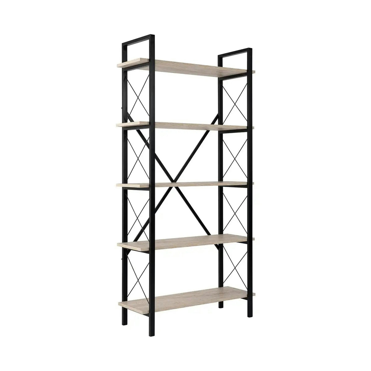Etajera ELYSIAN, bej cu efect de piatra travertin/negru, PAL/metal, 90x34x180 cm