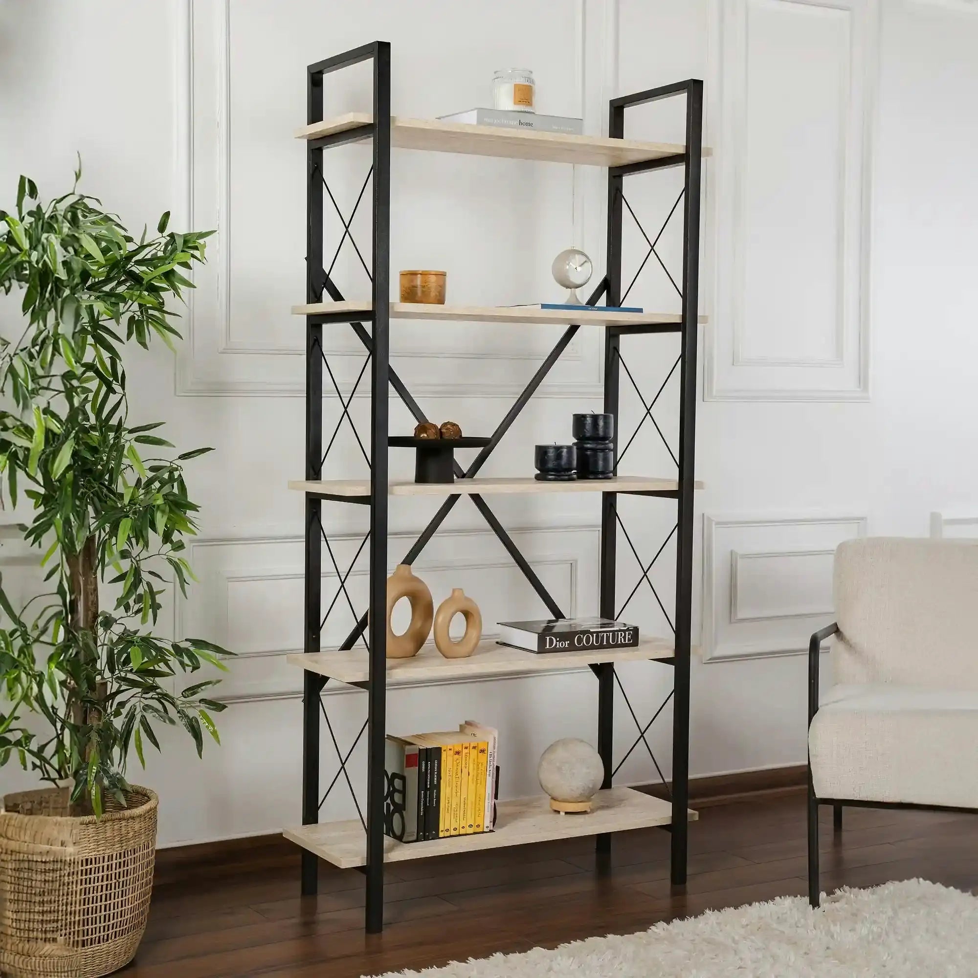 Etajera ELYSIAN, bej cu efect de piatra travertin/negru, PAL/metal, 90x34x180 cm
