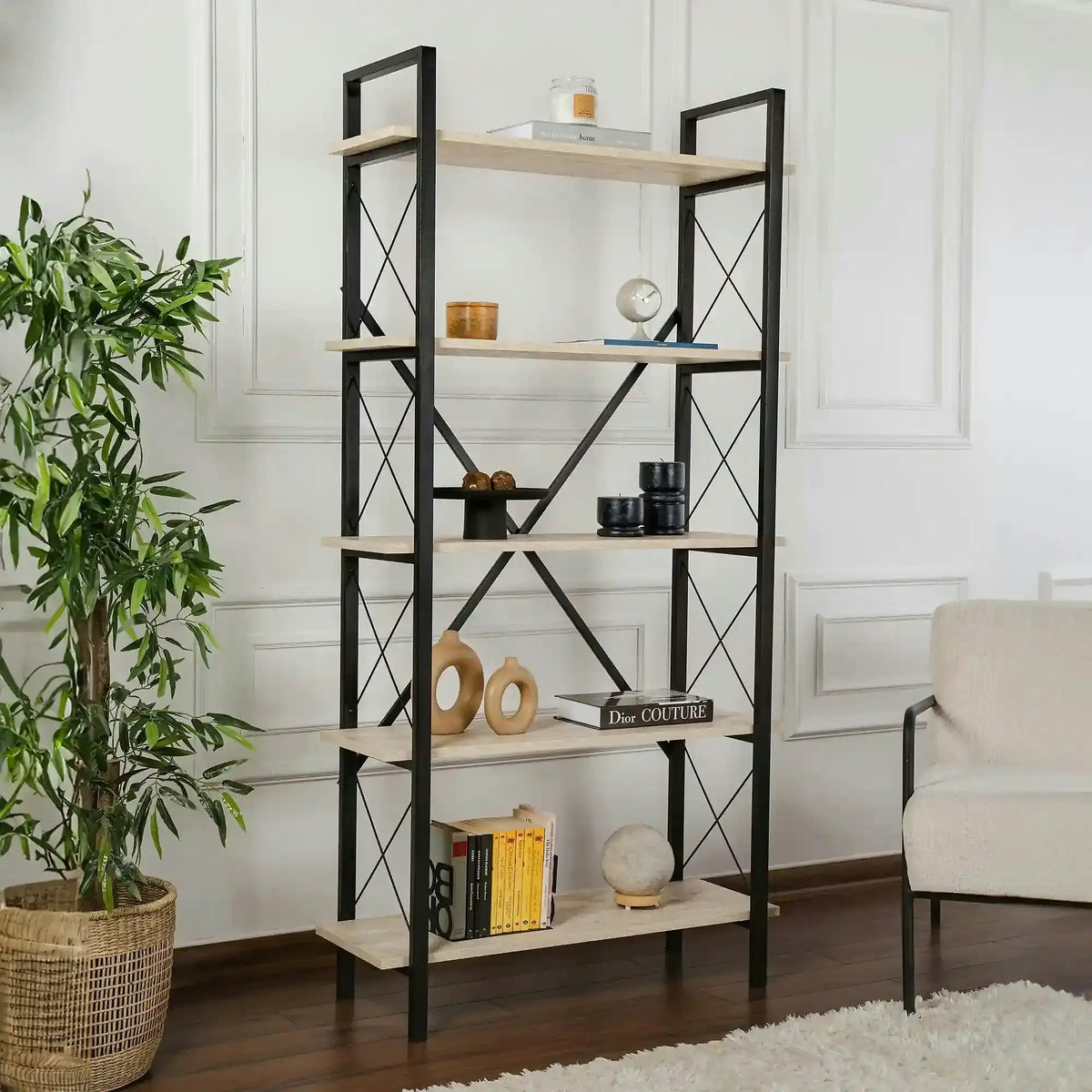 Etajera ELYSIAN, bej cu efect de piatra travertin/negru, PAL/metal, 90x34x180 cm