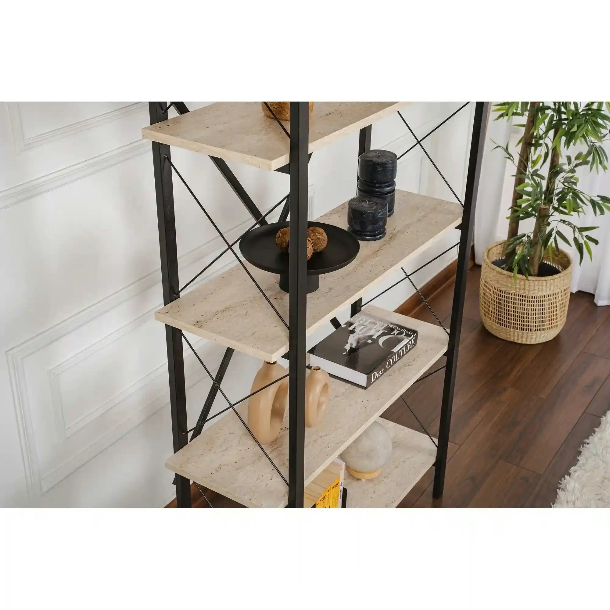Etajera ELYSIAN, bej cu efect de piatra travertin/negru, PAL/metal, 90x34x180 cm