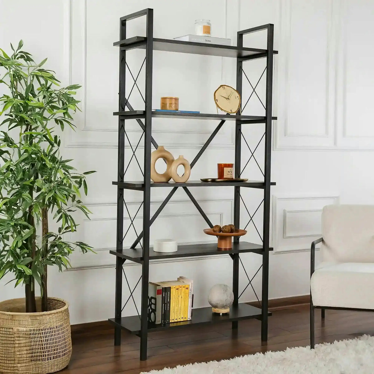 Etajera ELYSIAN, negru, PAL/metal, 90x34x180 cm