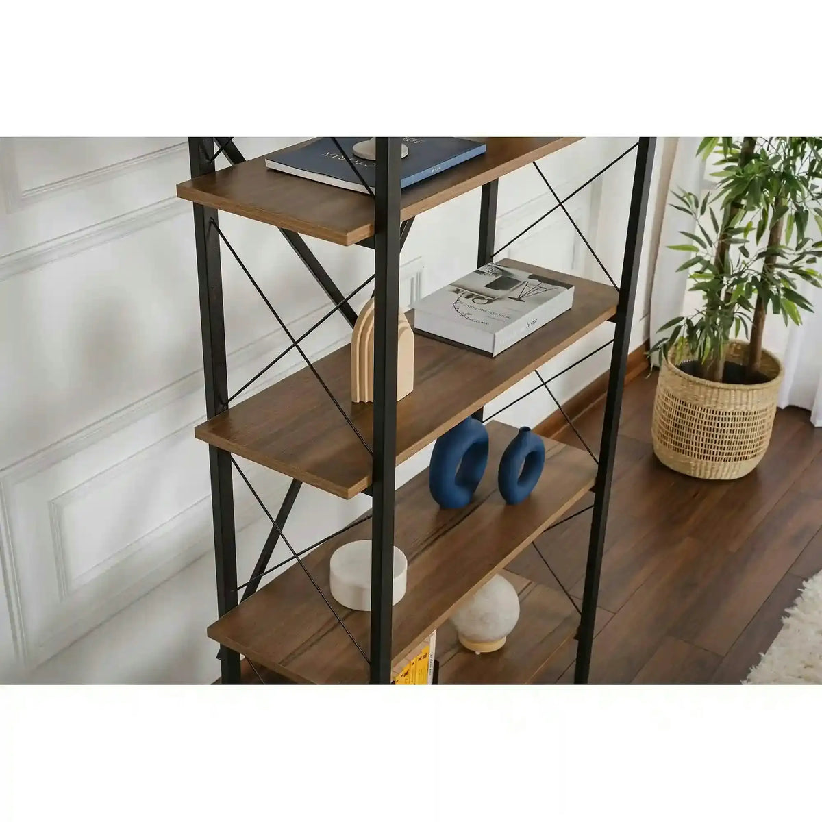 Etajera ELYSIAN, nuc/negru, PAL/metal, 90x34x180 cm