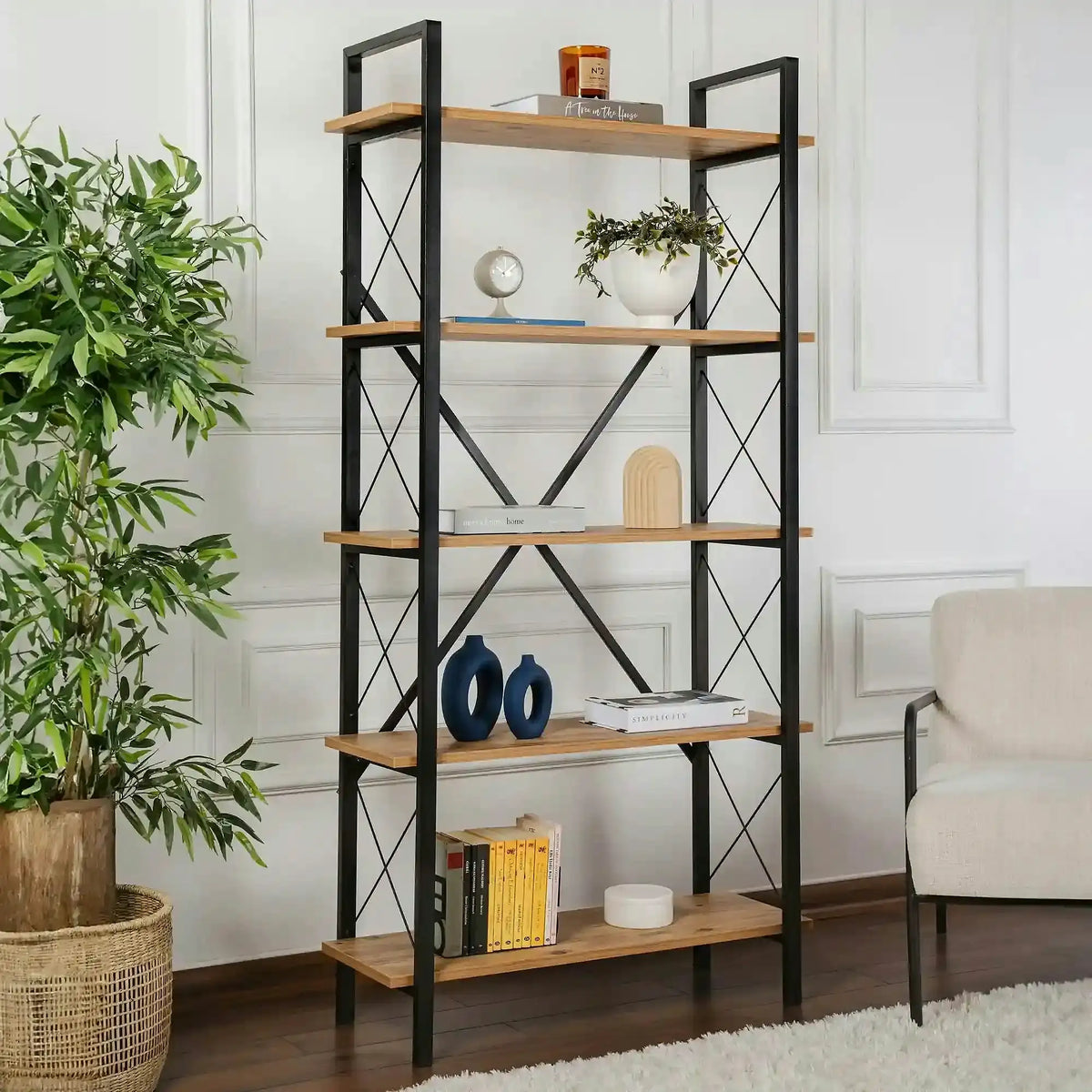 Etajera ELYSIAN, pin/negru, PAL/metal, 90x34x180 cm