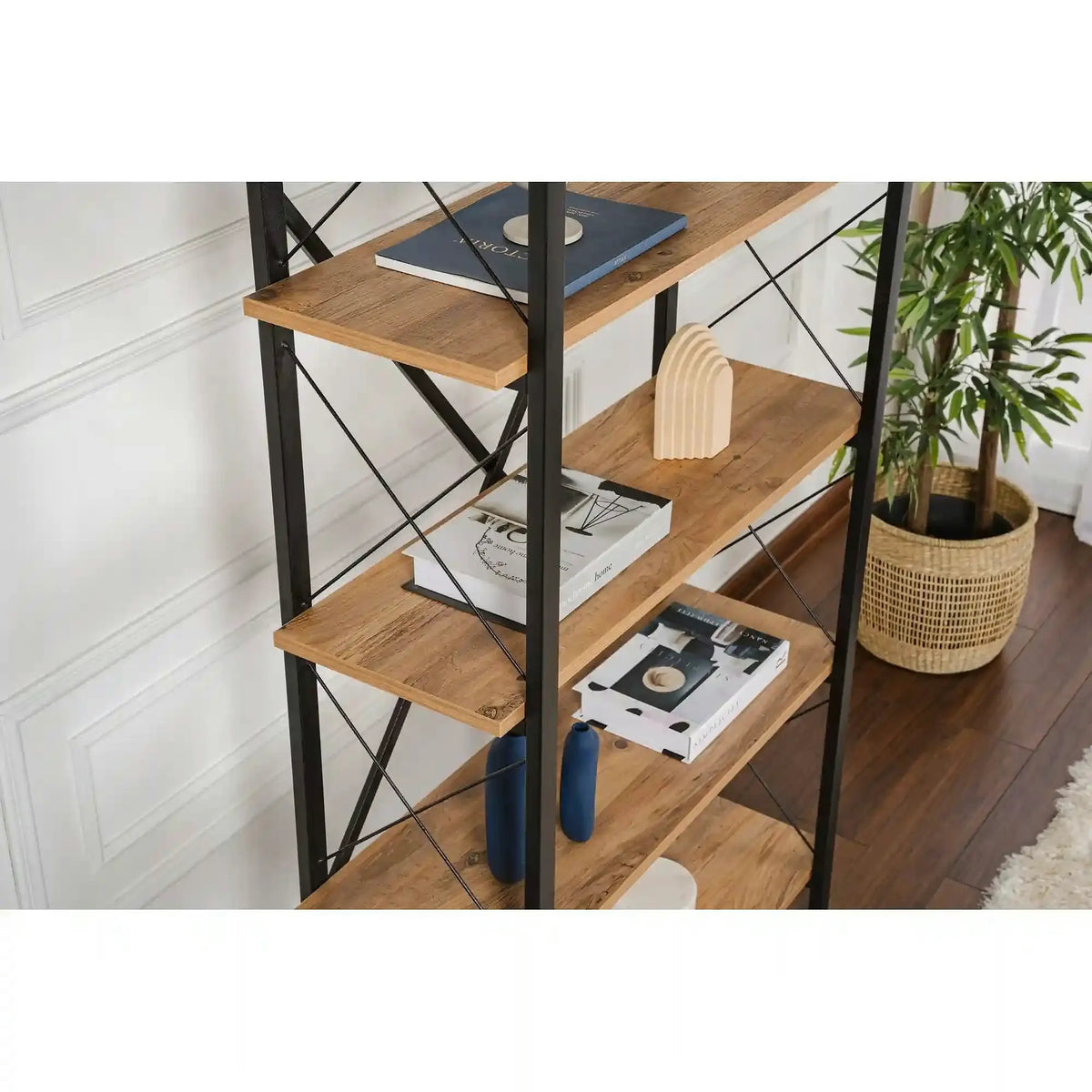 Etajera ELYSIAN, pin/negru, PAL/metal, 90x34x180 cm