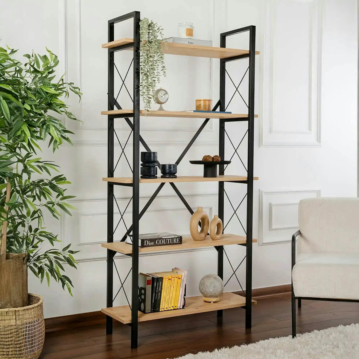 Etajera ELYSIAN, stejar/negru, PAL/metal, 90x34x180 cm