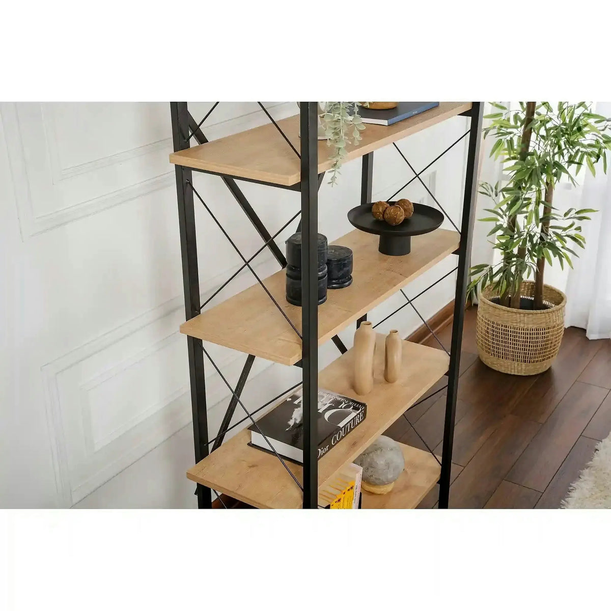 Etajera ELYSIAN, stejar/negru, PAL/metal, 90x34x180 cm