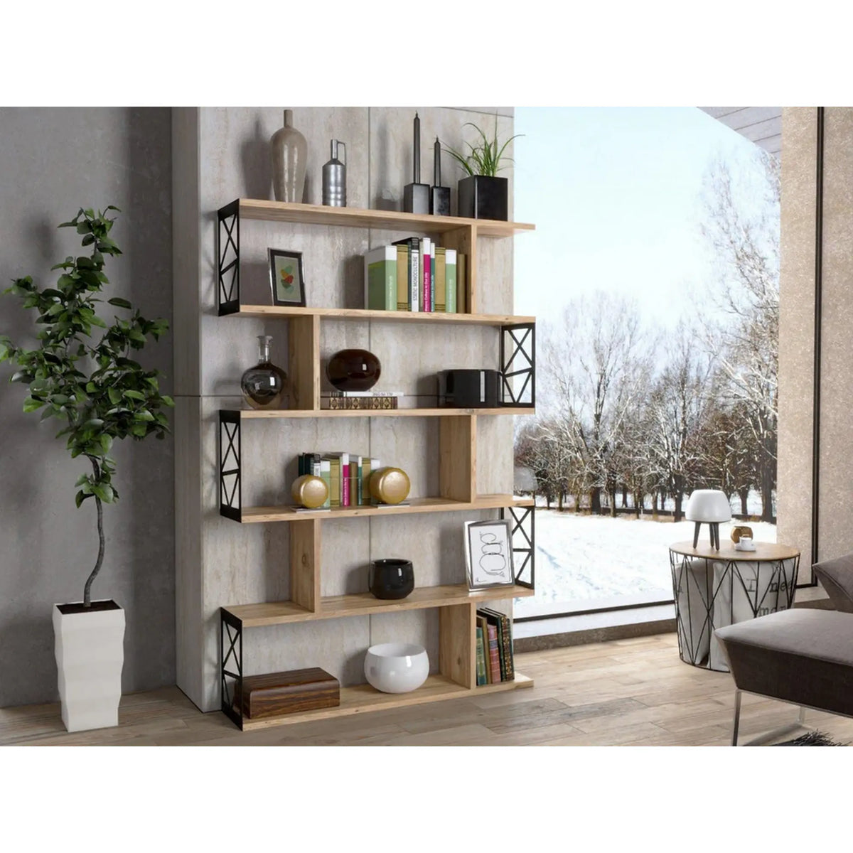 Etajera FRN-12032, stejar/negru, PAL melaminat/metal, 90x20x138 cm