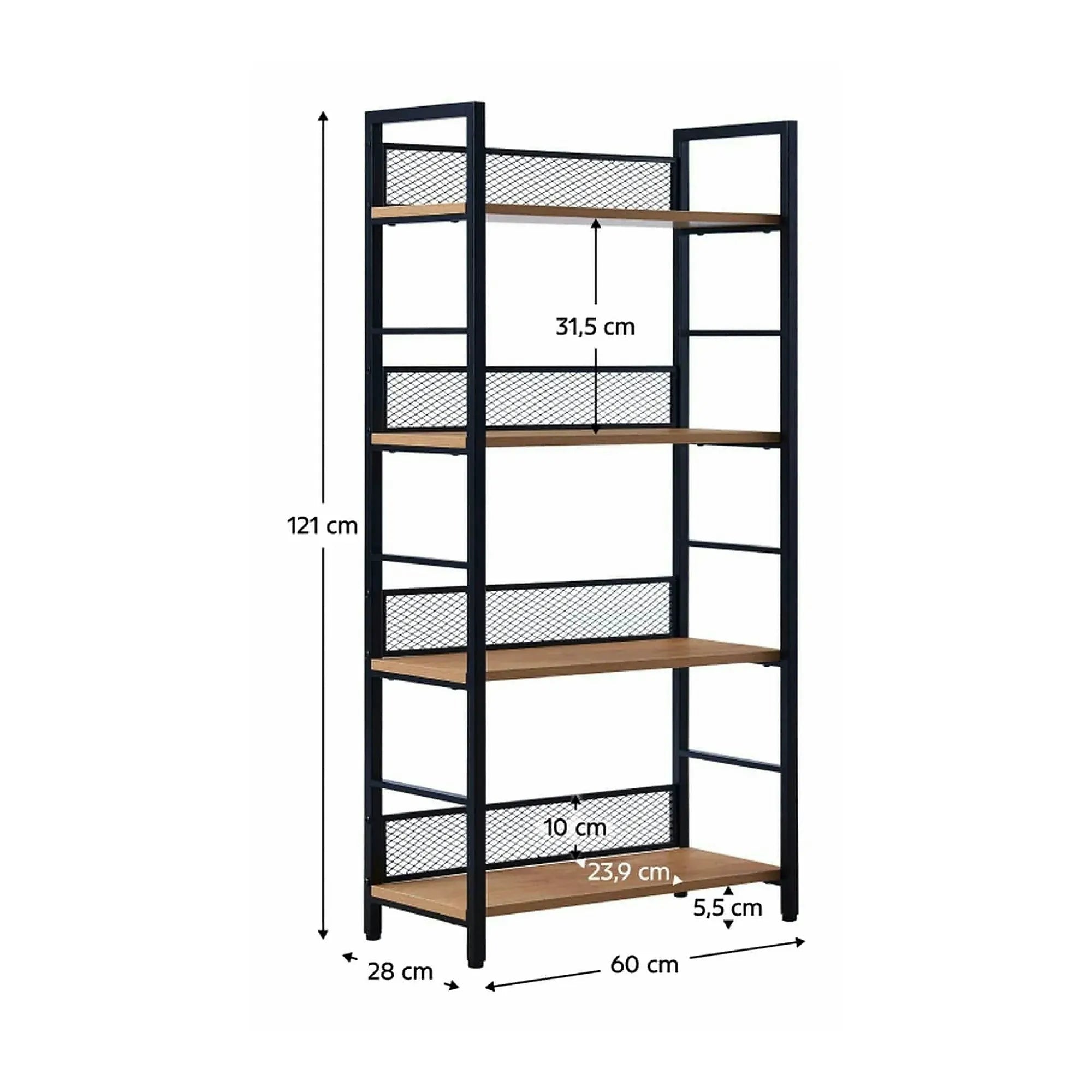 Etajera KELER TIP 1, negru/stejar, DTD laminat/metal, 60x28x121 cm
