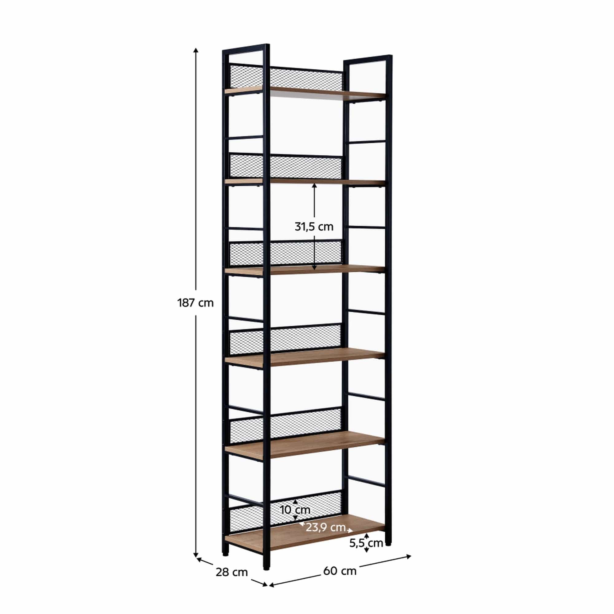Etajera KELER TIP 3, negru/stejar, metal/DTD laminat, 60x28x187 cm