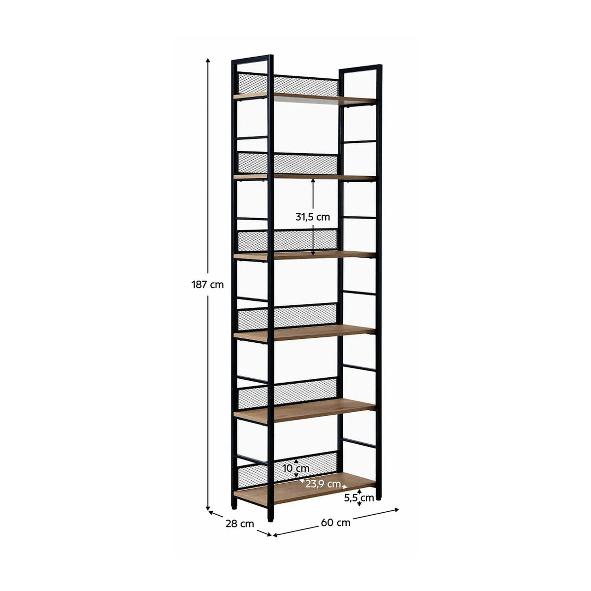 Etajera KELER TIP 3, negru/stejar, metal/DTD laminat, 60x28x187 cm