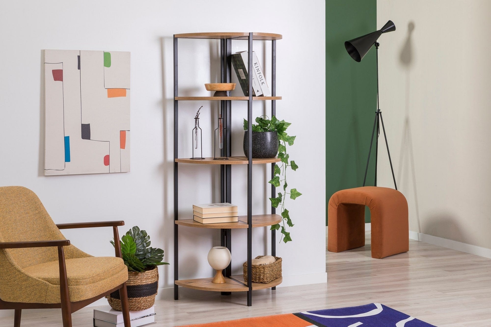Etajera MONA RAFIX, stejar sonoma/negru, PAL melaminat/metal, 66x34x155 cm