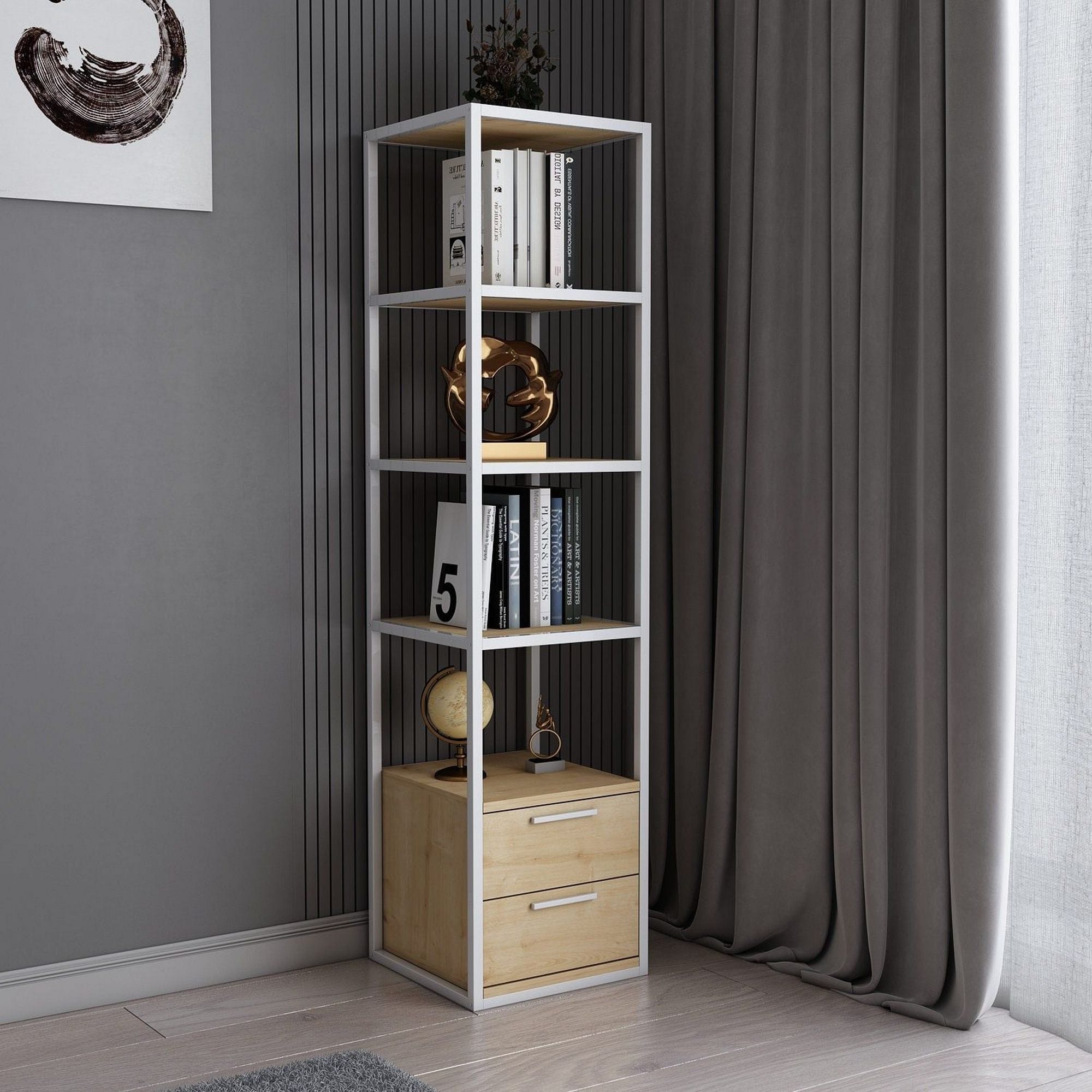 Etajera ROBCOSS, alb/stejar, PAL melaminat/metal, 39x39x160 cm